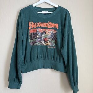Halloween Town Oversized Terry Cloth Pullover Crew Neck Dark Green Women XLarge